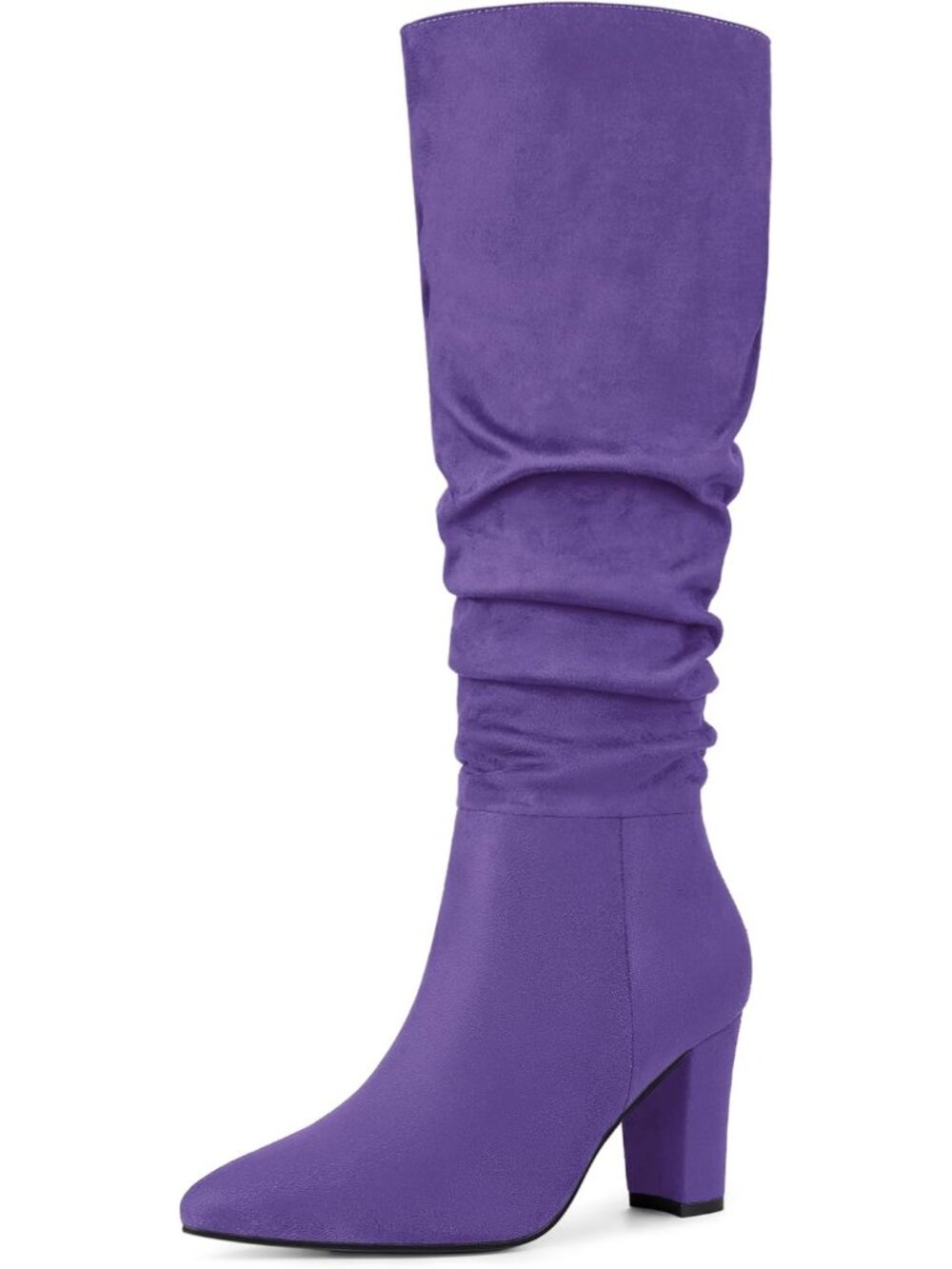 🆕Women's Purple Slouchy Pointed Toe Knee High Boots Chunky Block Heel Shoes